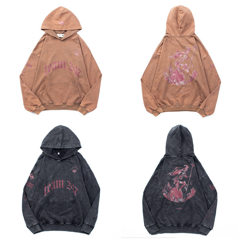 Rep American High Street Hip-Hop Loose Retro Washed Old Warrior Angel Print Hooded Sweatshirt for Men and Women