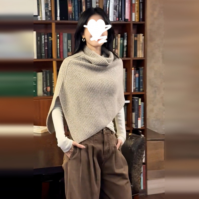韩系设计感高领披肩毛衣女秋冬小众不规则休闲百搭针织衫上衣