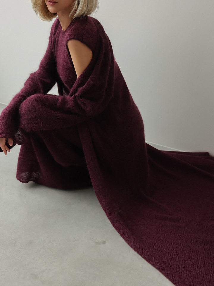 Bộ đầm dệt kim hai mảnh nữ gồm áo cardigan dài tay và đầm liền thân dáng dài — trắng, tím chi tiết 21