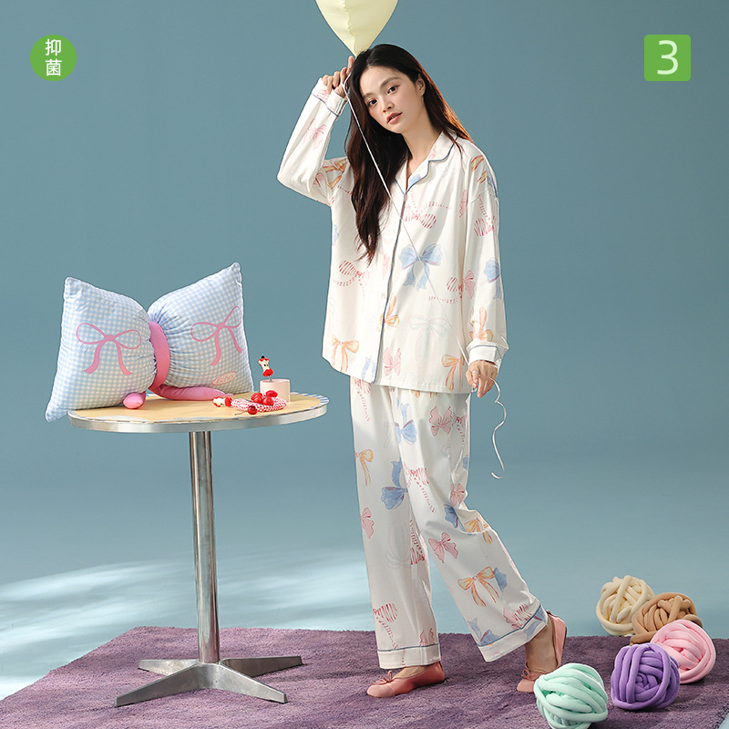 【抗菌新疆棉】秋季纯棉A类睡衣温柔蝴蝶结长袖女士家居服套装