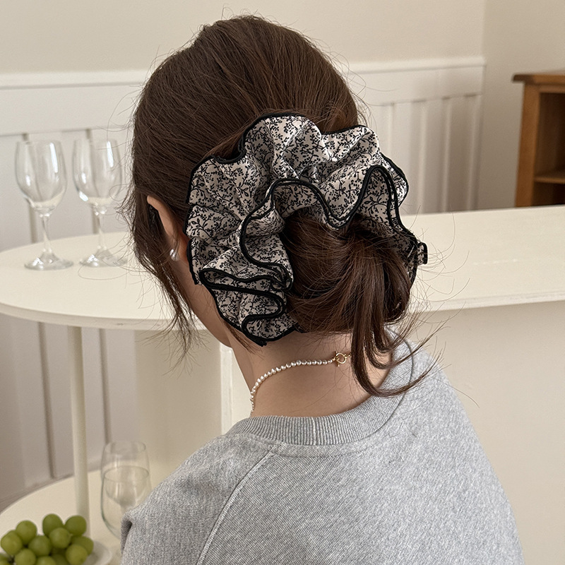 Franse retro bloemen scrunchie voor dames groot haarelastiek_voghion.com