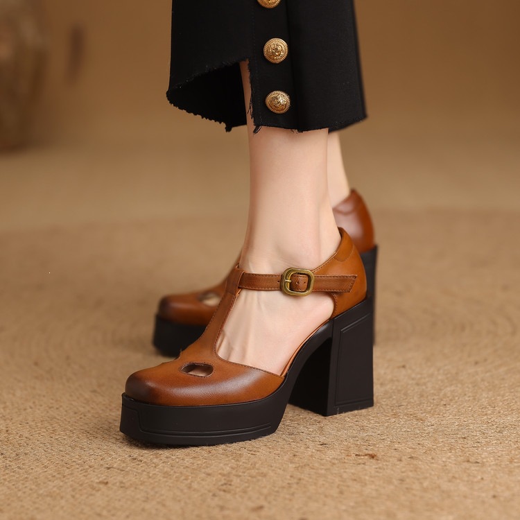 Sandal nữ đế xuồng platform gót vuông phong cách vintage khóa kim loại — màu nâu, màu đen chi tiết 56