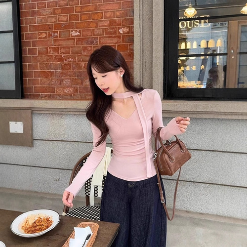 260g Fleece V-Neck Blouse with Fringe for Women, Fitted Fleece Layering Top, Crew Neck T-Shirt, Apricot Pink