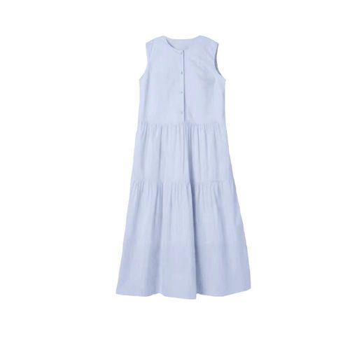 Blue Sleeveless Dress Women's Summer French Style Round Neck High Waist Cinched Slimming Midi Vacation Midi Dress