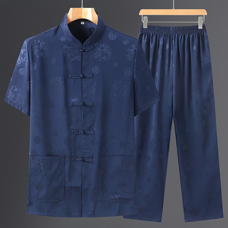 Middle-aged and Elderly Tang Suit Men's Ice Silk Short-sleeved suit Summer Dad Suit Chinese-style Elderly Clothes plus size Grandpa Hanfu