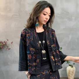 破洞九分袖牛仔外套女民族风牛仔布刺绣开衫女盘扣提花宽松茶服