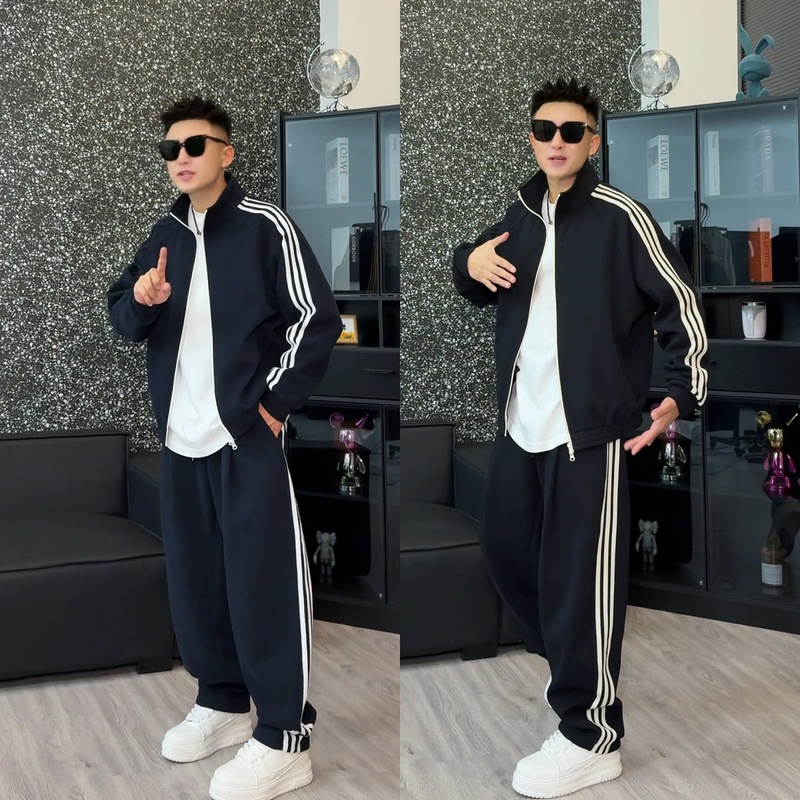 语乐同款美式撞色三条杠运动立领卫衣休闲舒适宽松长裤潮流感套装|undefined