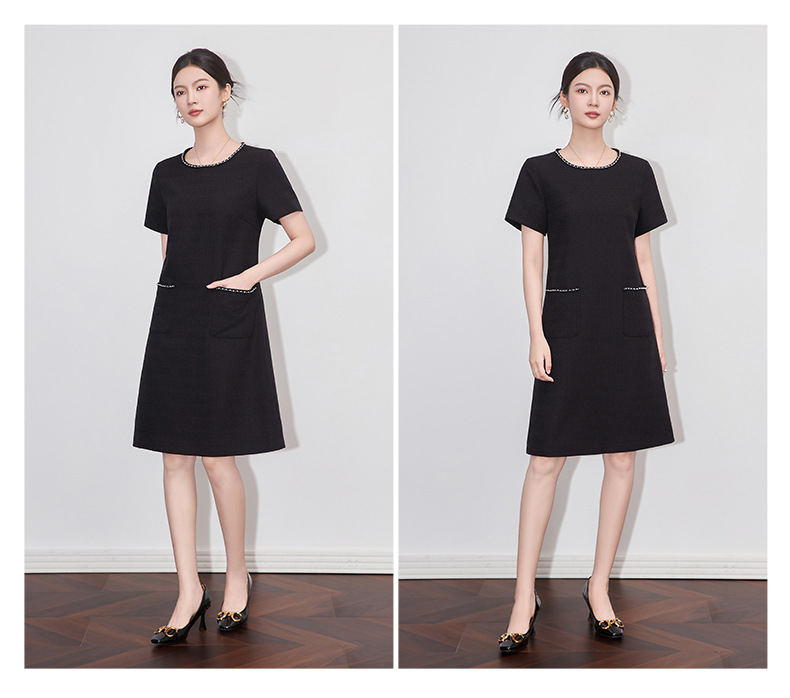 Váy liền nữ kiểu Pháp cổ tròn tay ngắn dệt jacquard ôm nhẹ — Màu be chi tiết 14