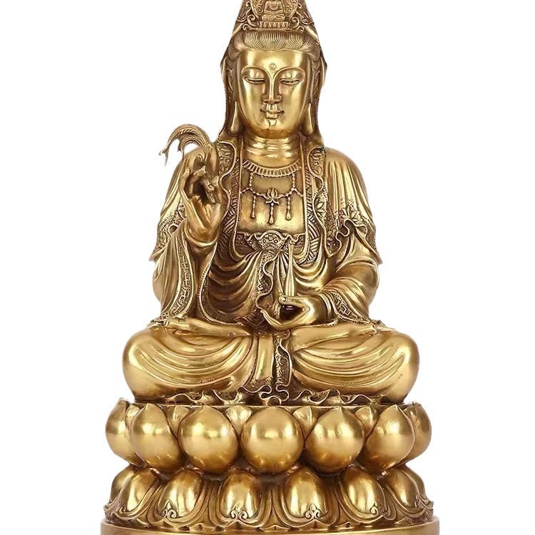 全銅製観音菩薩像、寺院用座蓮観音銅像、彩画入り子供を授けた銅製仏像、置物、神像|undefined