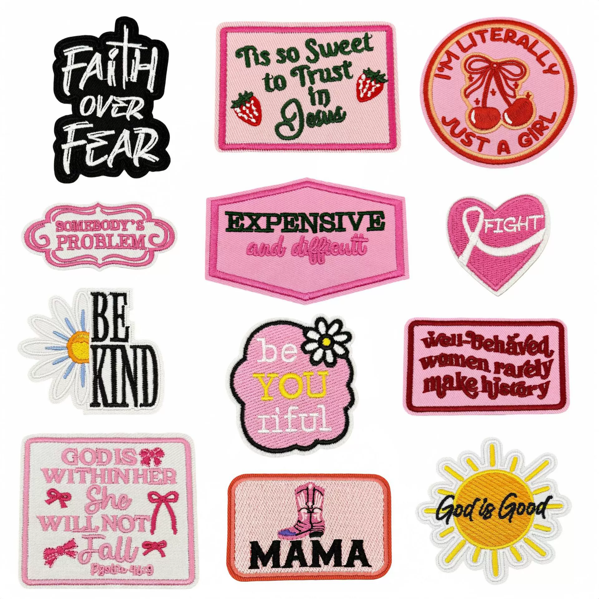 粉色卡通英文字刺绣布贴善良鼓励款绣花配饰服装辅料补丁贴片现货