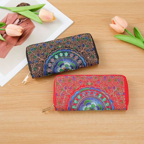 Embroidery Wallet Tourist Attractions Ethnic Style Handbag Single Pull Women's Wallet Embroidered Fabric Flower Bag Handbag 