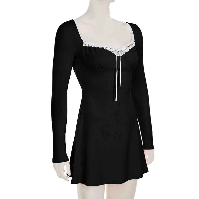 Sexy Girlish Lace Stitching Pleated Tie V neck Long Sleeve Dress Slimming Cinched Short Dress