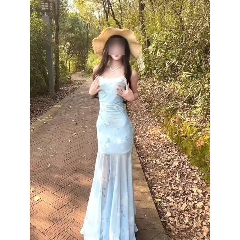 蕾丝网纱拼接吊带连衣裙女夏季度假收腰鱼尾长裙辣妹修身包臀裙子|undefined