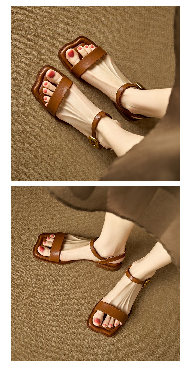Sandal quai ngang hở mũi vuông đế bệt khóa đơn giản cỡ lớn 34–43 — Màu nâu chi tiết 10