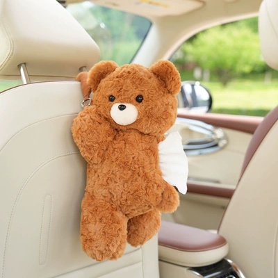 Car tissue box/set Plush Cute Bear Car Hanging - rabbit-fur-polished-bear-tissue-box-light-coffee