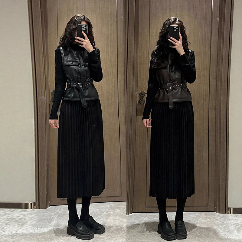 2025 Plus Size Fat mm Autum New Women's Fashion Slim Leather Vest + Half Turtleneck Pleated Long Skirt Suit