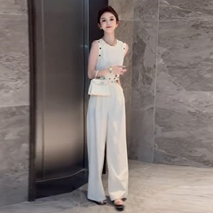 Xiaoxiangfeng ホワイトカジュアルファッションノースリーブスーツレディースサマーベストトップワイドレッグパンツ 2 点セット