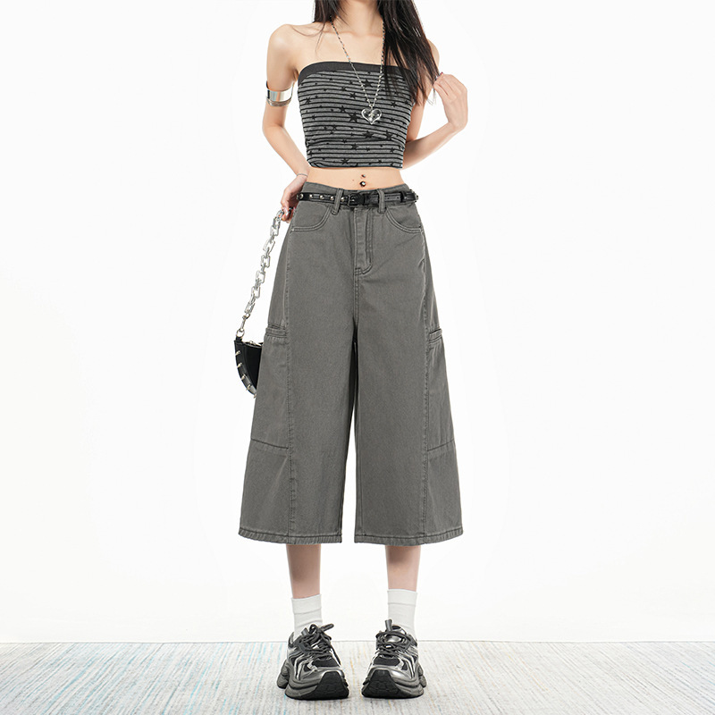 Childish Orange # Gray Wide-Leg Cargo Jeans for Women with Large Pockets, Loose Fit, Slimming, Trendy and Versatile Cropped Pants.