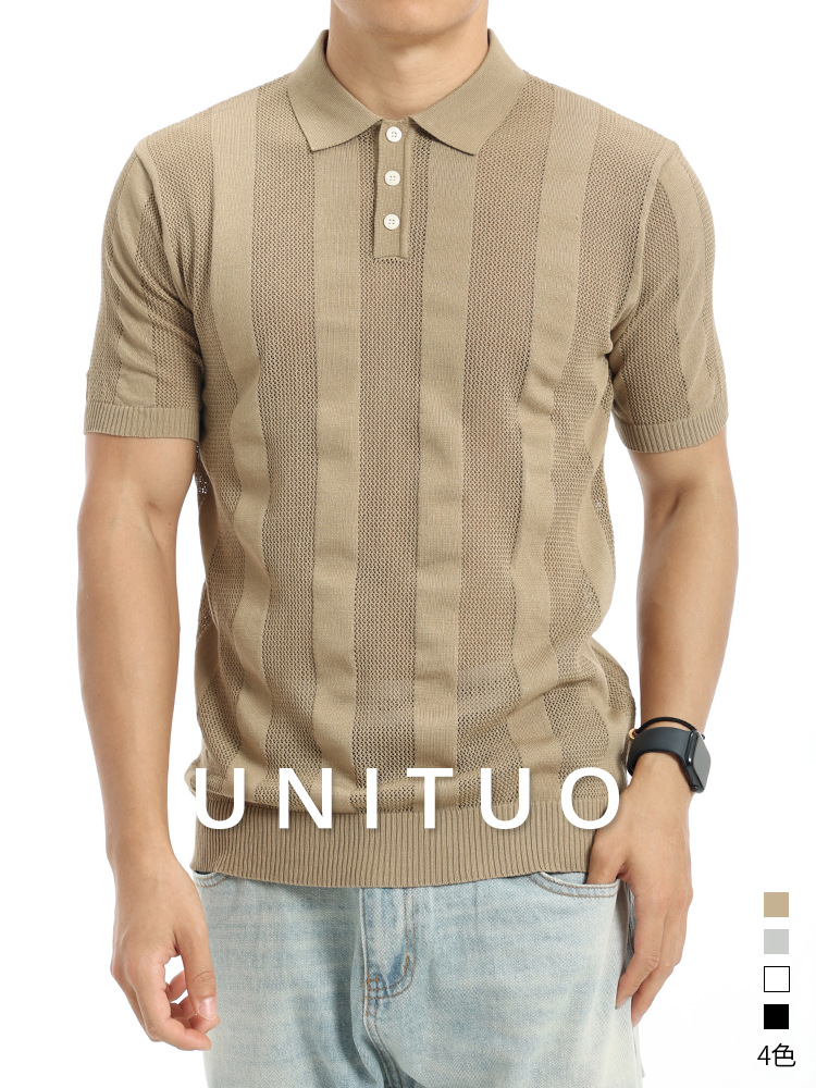 Lujo ligero de alto nivel de hielo jersey polo hombre manga corta con collar vertical rayas comerciales casuales chaqueta de polo hombre