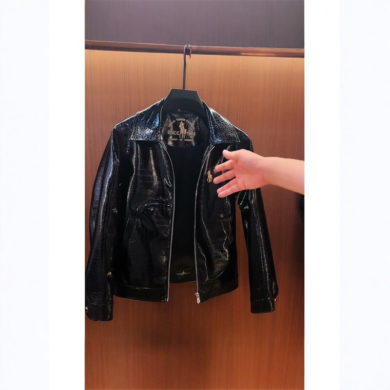 Black crocodile-pattern leather jacket for men, short style with a turn-down collar, spring and autumn fashion casual high-end jacket Black crocodile-pattern leather jacket for men, short style with a turn-down collar, spring and autumn fashion casual high-end jacket
