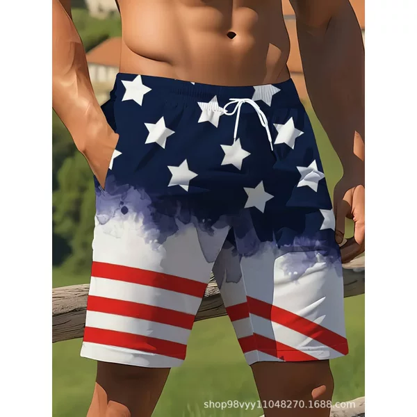 Summer European and American Flag 3D Printed Shorts Beach Pants Casual Drawstring Men's Cross-Border Foreign Trade Independent Site Temu
