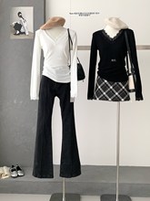 【赋绅】  心动白色蕾丝花边打底衫女 秋冬新款修