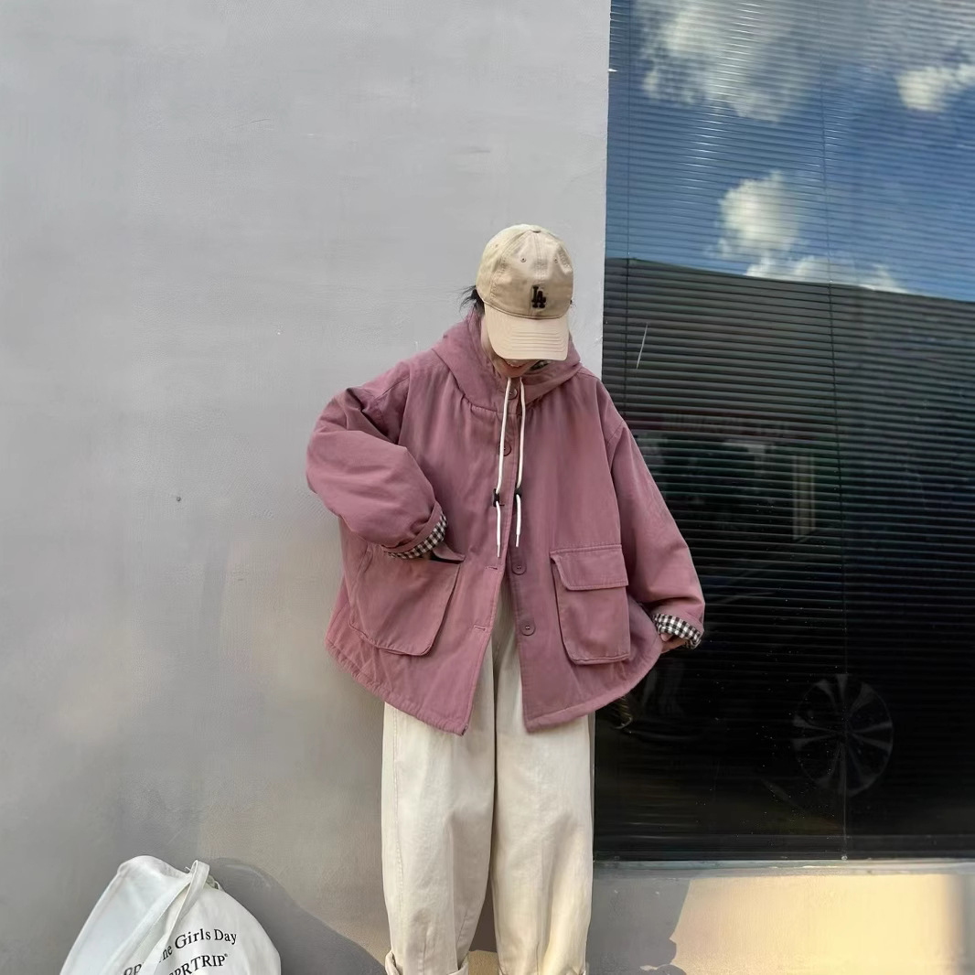 (2개) 후드 코튼 패딩 2024 겨울 최신 레트로 레이백 코튼 패딩 재킷 여성의 느슨한 따뜻한면 패딩 재킷 탑 8721