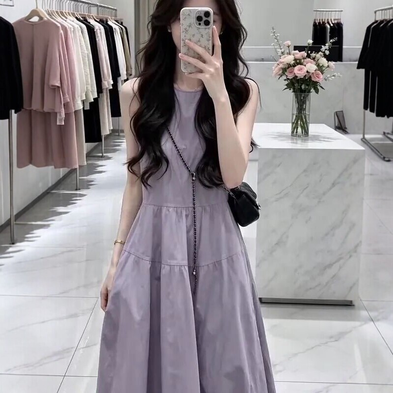 2026 Summer New Style Gentle Purple Waist-Cinching Slim-Fit Solid Color Versatile Slimming Round Neck Sleeveless Dress for Women 9605 2026 Summer New Style Gentle Purple Waist-Cinching Slim-Fit Solid Color Versatile Slimming Round Neck Sleeveless Dress for Women 9605