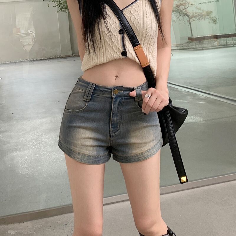 Retro Stretch American Denim Shorts for Women 2024 New Sexy Sexy Hip-covering Slimming Look Distressed A-line Hot Pants Summer