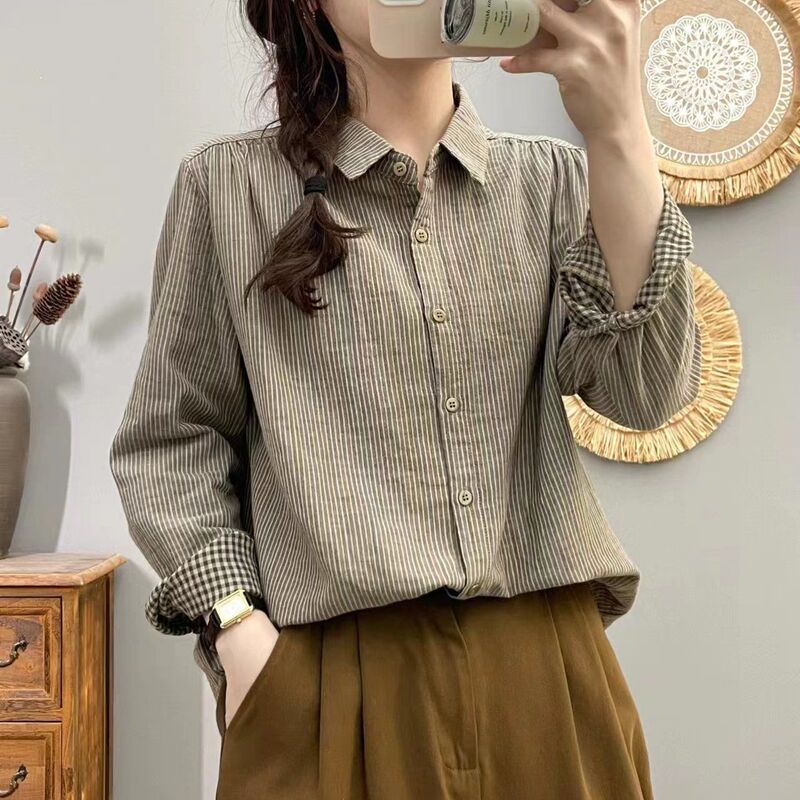Cotton Retro Thin Striped Shirt Women's Double-Layer Cotton Gauze Long-Sleeved Shirt Spring and Autumn New Versatile Shirt