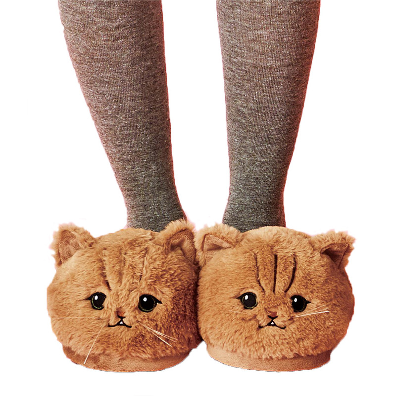 Cute Cartoon Curry Color Cat Half Pack Slippers Indoor Home Warm Three-dimensional Animal Cat Head Plush Cotton Slippers