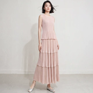 三宅压褶背心上衣蛋糕裙套装夏季无袖收腰显瘦长裙三宅褶皱女装