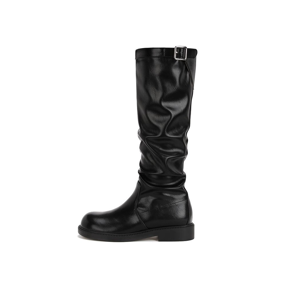 Mismo estilo que los bloggers coreanos~ Botas de media pantorrilla holgadas con tacón grueso, correa con hebilla y punta redonda para mujer, nueva colección otoño/invierno.