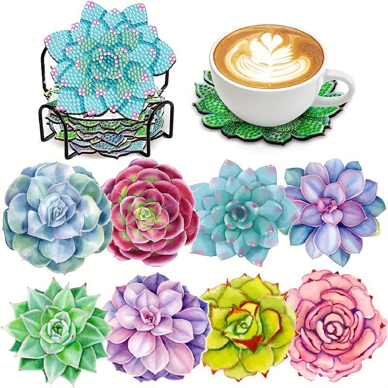Ventas transfronterizas calientes de 8 piezas de conjunto de cojín de taza de arte de diamante, con soporte, pequeño conjunto de pintura de diamante, adecuado para adultos
