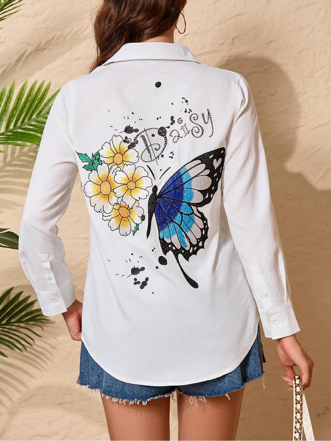 Camisa Bordada de Manga Larga M728 de Poliéster, con Botones para Uso Casual