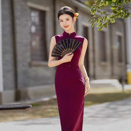 新中式改良旗袍复古玫红色天丝无袖连衣裙2025夏季日常年轻高级感
