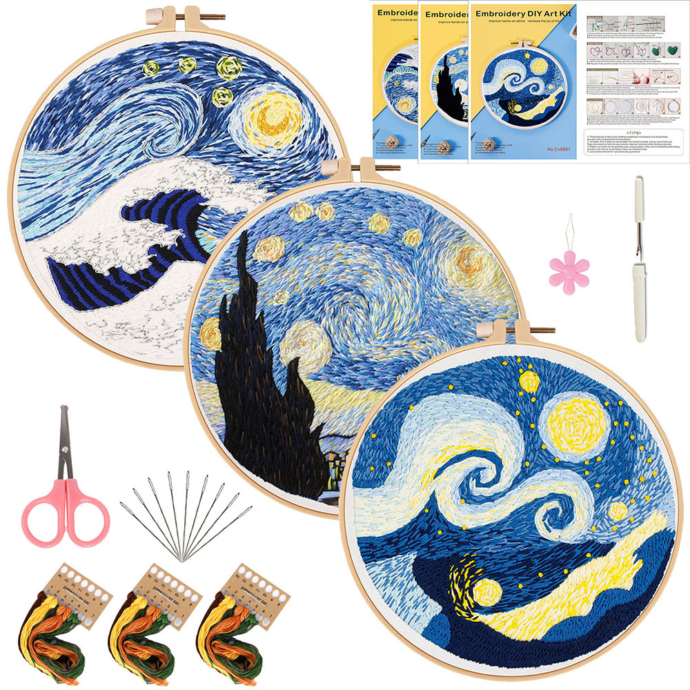 Van Gogh estrellado cielo DIY bordado hecho a mano paquete material costura traje estilo europeo paisaje estrellado cielo onda bordado tela impresión imagen