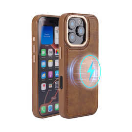 适用苹果16 magsafe保护壳轻奢高级iphone16pm皮革磁吸手机壳定制