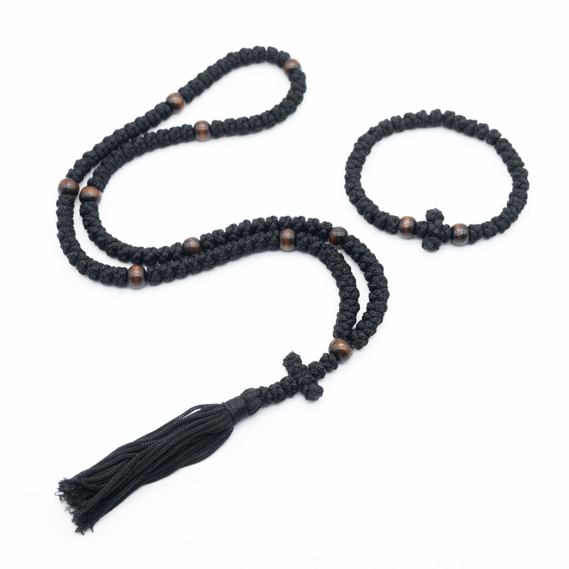 Orthodox Prayer Bracelet Necklace Set Hand-Woven Rosary Adjustable Prayer Holy Cross Tassel Rope