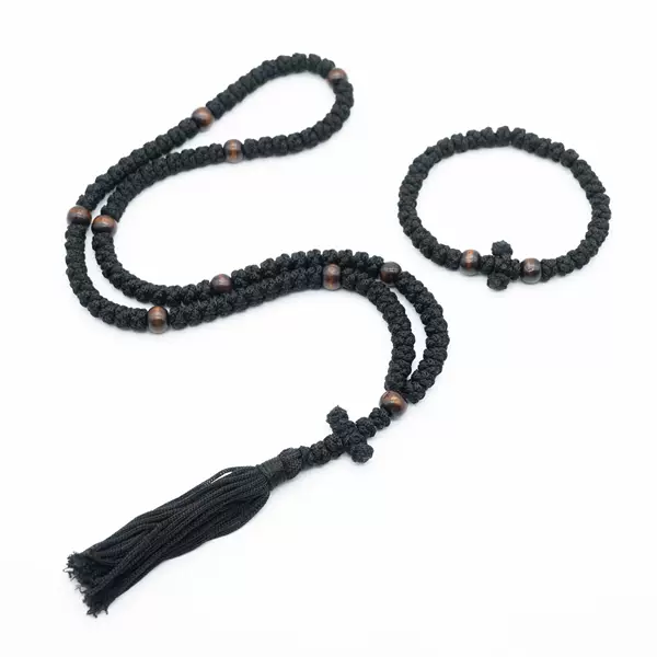 Orthodox Prayer Bracelet Necklace Set Hand-Woven Rosary Adjustable Prayer Holy Cross Tassel Rope