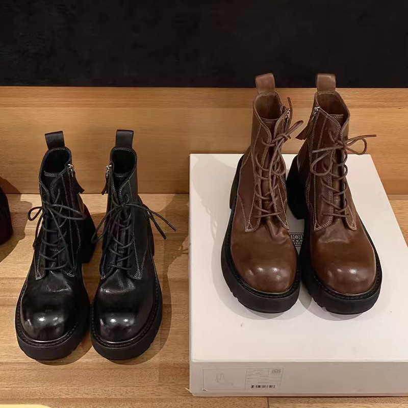 Botas de Motociclista de Tacón Grueso con Cordones de Cuero Lavado Retro de Otoño, Botas Cortas de Exterior para Mujer, Botas Estilo Martin
