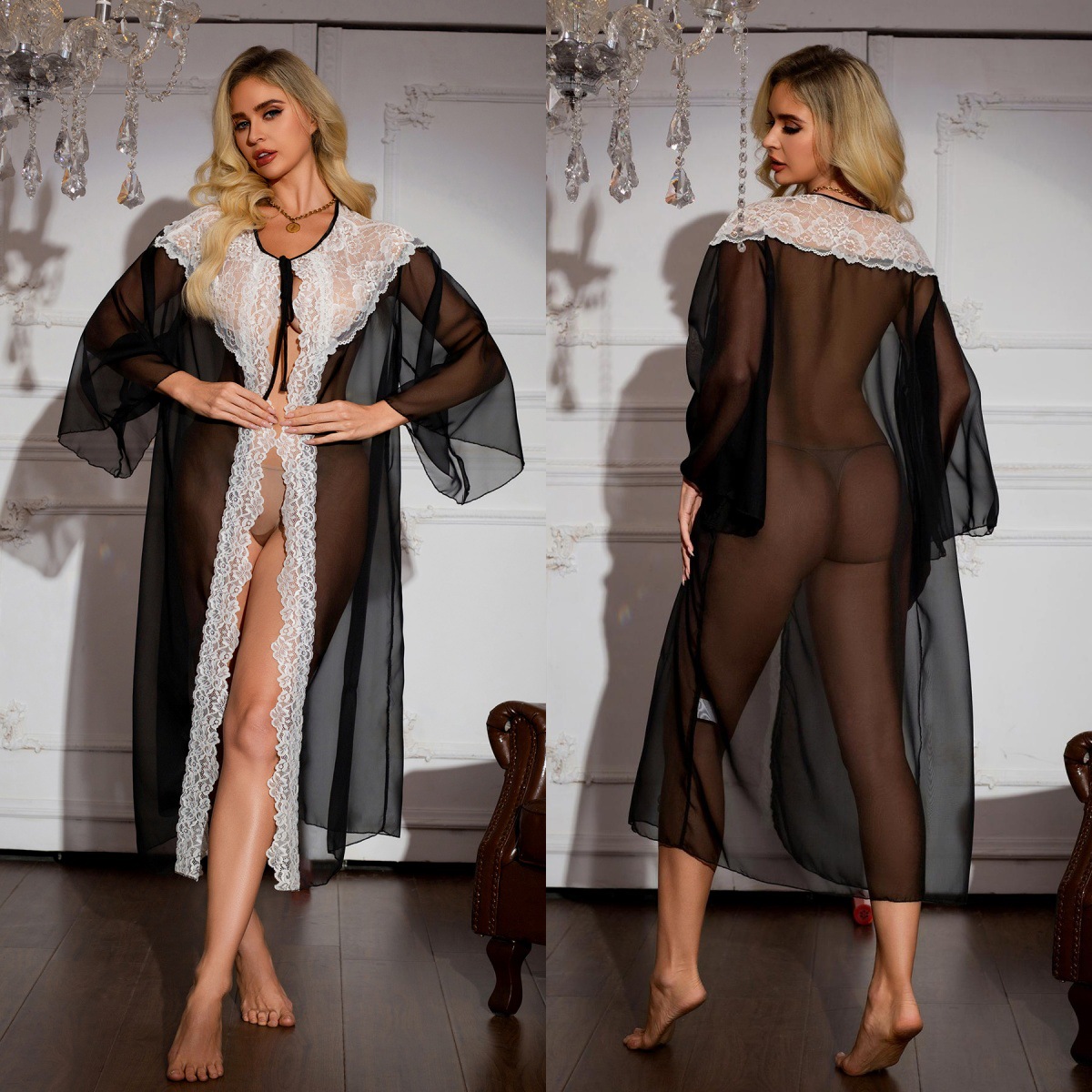 Manufacturer Wholesale 2025 New Sexy Lace Mesh Skirt Cut Out See-Through Nightgown Pajamas Home Wear