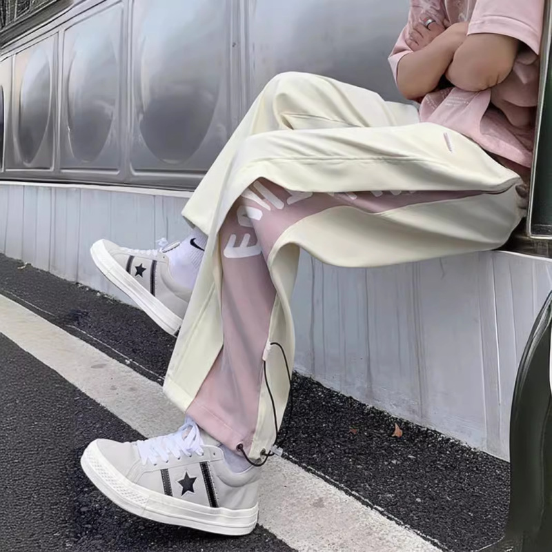 Summer Stitching Contrast Casual Pants Cropped Trendy Hong Kong Style Loose Straight Leg Pants Teenager Leg Drawstring Sports Pants