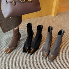 拼接方头短靴女高跟弹力靴秋冬新款牛皮后拉链细跟靴弹力瘦瘦短靴