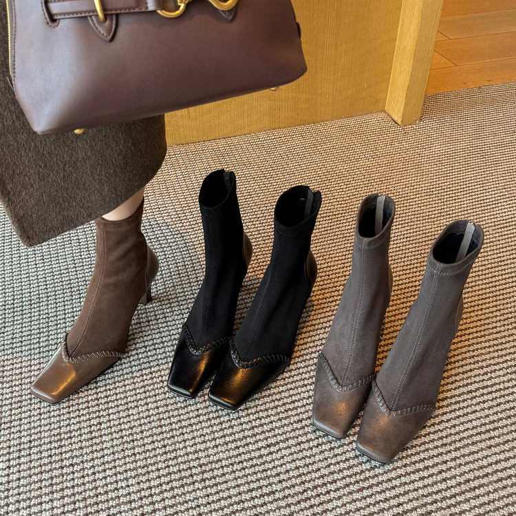 拼接方头短靴女高跟弹力靴秋冬新款牛皮后拉链细跟靴弹力瘦瘦短靴