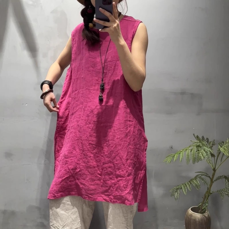 Summer New Retro Loose-Fitting Sparse Linen Round-Neck Sleeveless Mid-Length Robe Vest for Women