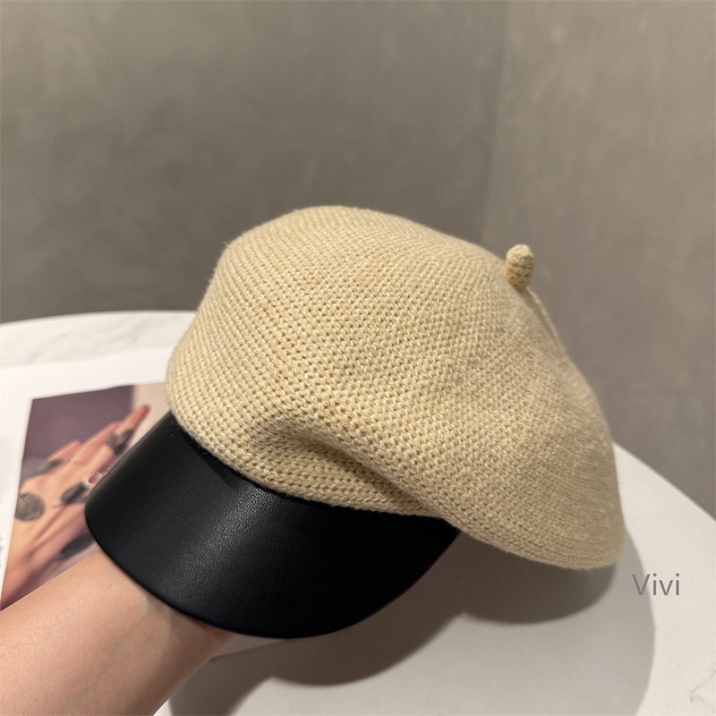 秋冬新款皮檐侧压针织鸭舌帽子女秋冬韩版日系显脸小画家报童帽潮|undefined