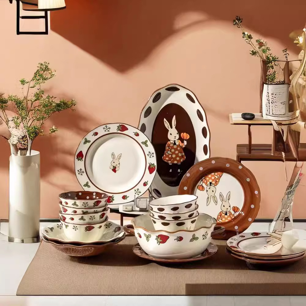 法式复古赫拉兔子家用陶瓷餐具套装釉下彩可爱饭碗高颜值西餐盘