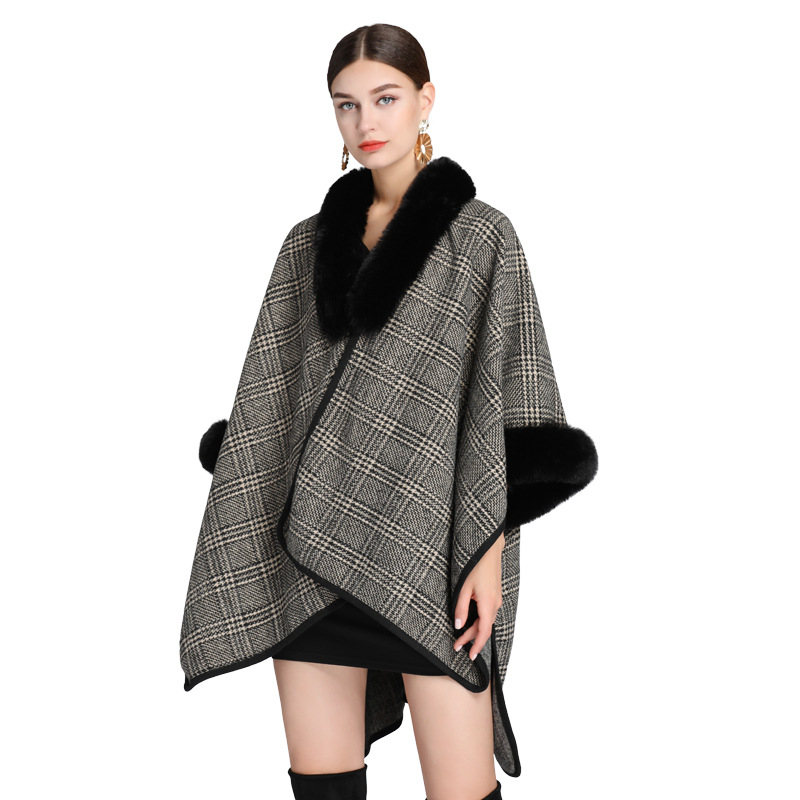 Pelerină cu guler de blană, pelerină, cardigan de mărime mare pentru femei_voghion.com