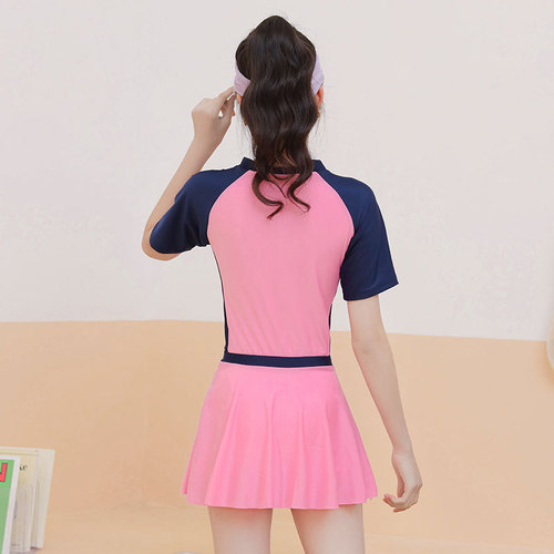Swimming children's swimsuit women's short-sleeved one-piece sun protection medium and large girls anti-embarrassment waterproof quick-drying swimsuit skirt